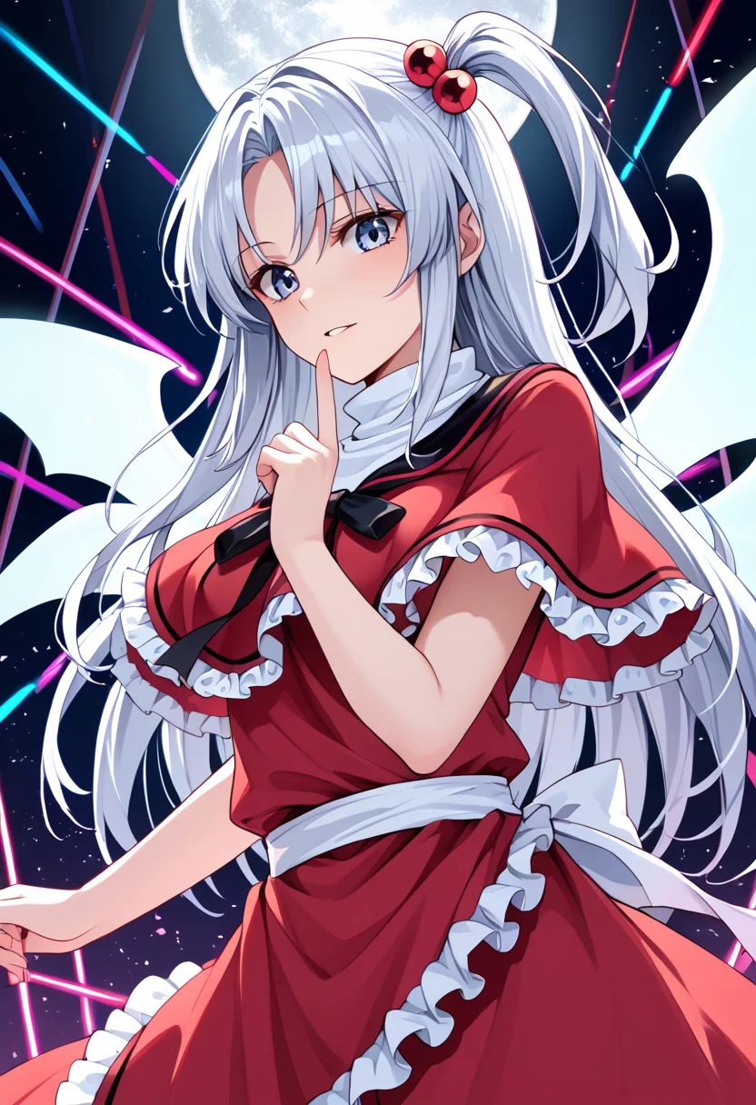 score_9_up, score_8_up, score_7_up, BREAK source_anime, (masterpiece), (best quality), 1girl, shinki (touhou), white wings, hair bobbles, hair ornament, white hair, one side up, long hair, dress, multiple wings, red capelet, looking at viewer, no emotions, closeup upper body, (ultra detailed), shine, moon, multiple color danmaku, laser from wings, colorful lights, (from front:0.6), <lora:Shinki_touhou(PC-98)-V1:1>