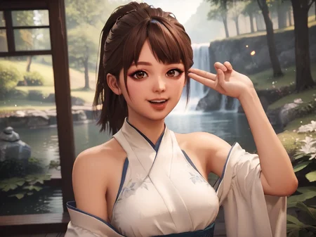 score_9, score_8_up, score_7_up, score_6_up, score_5_up, score_4_up, BREAK <lora:GLSHS_-_V3N:0.5>, <lora:Nana:1>, brown ponytail hair, brown eyes, breast, upper teeth only, nature, white japanese dress with black trim, smile, (bare shoulders:1.1), looking at viewer, posing, fingers