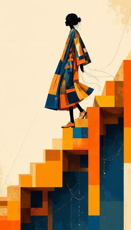 Caption:
A striking, abstract silhouette of a person ascends a geometric staircase that twists and turns with vivid, angular patterns. The figure, draped in a flowing, multi-colored robe adorned with intricate designs, seems to embody elegance and determination. The staircase, composed of bold blocks of orange, blue, and gold, leads upward into an undefined space, symbolizing a journey of growth or discovery. Thin, delicate lines trail behind the figure, adding a sense of motion and grace to the scene.
Art Style:
This artwork is rendered in a modern, geometric abstraction style, with influences from Art Deco. The composition features sharp, angular shapes and a vibrant color palette dominated by rich oranges, blues, and golds, creating a sense of dynamism and elegance. The figure is stylized, with minimal details that emphasize form and movement rather than realism. The overall effect is a sophisticated, visually compelling piece that evokes themes of progress, ambition, and the beauty of the journey. The "Zero Kelvin" watermark is subtly integrated into the lower portion of the staircase design, blending seamlessly with the angular patterns, ensuring it complements the overall aesthetic.