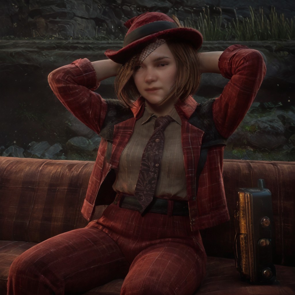 score_8, score_9, break, solo, agnes_hl, 1girl, brown hair, short hair, hat, shirt, jacket, tie, red dress pants, sitting, sofa, arms behind head