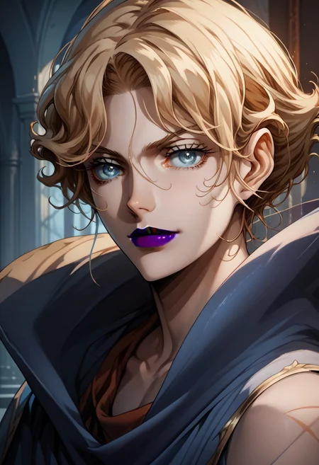 source_anime, (C4STL3V4NI4), ((score_9)),score_8_up,score_7_up,score_6_up,score_5_up,score_4_up,<lora:Castlevania_Style_Pony-v1:0.7>, Castlevania_Style, Castlevania Style, 1woman, brita_(darker_than_black), long_hair, blonde_hair, blue eyes, purple_lips, vampire,