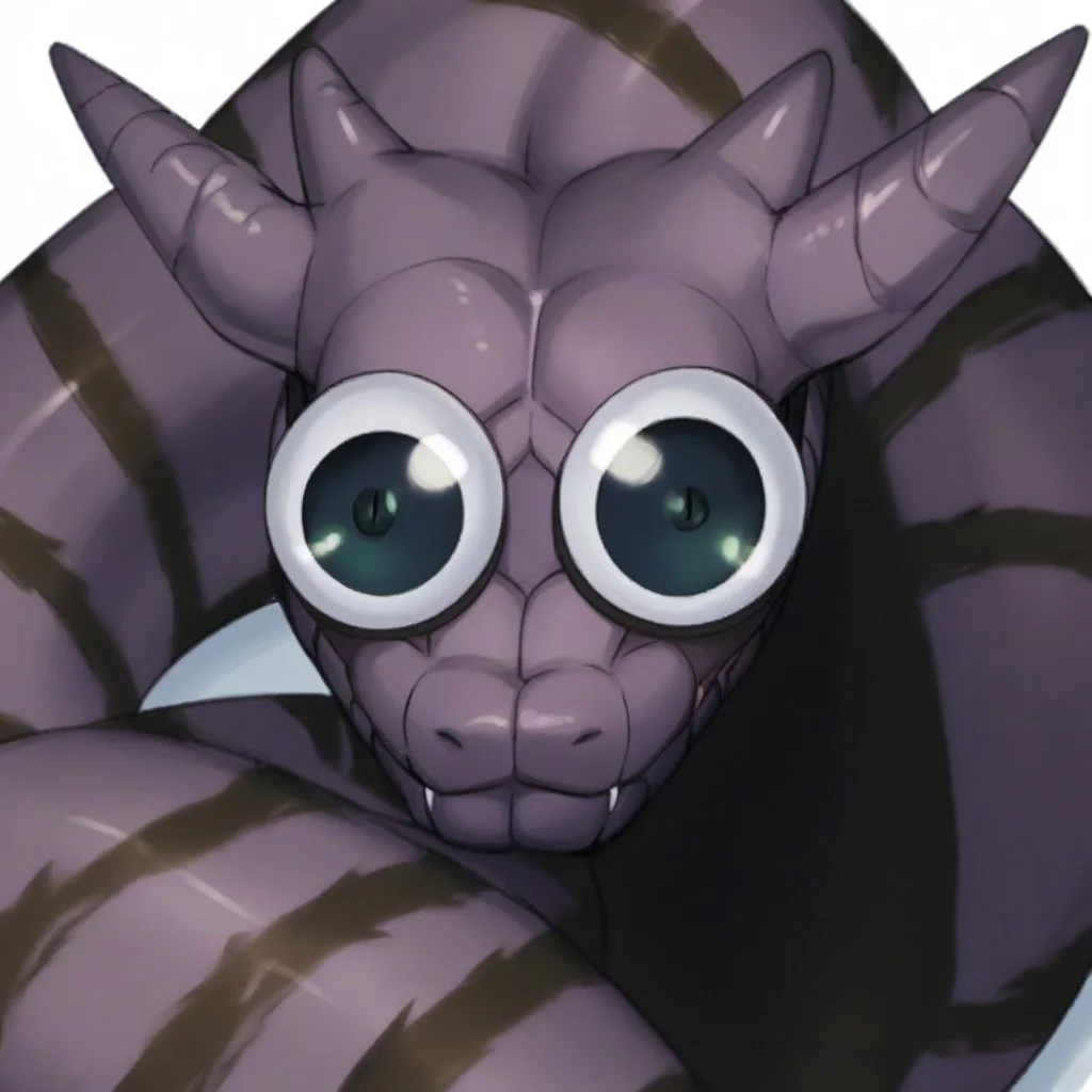 score_9, score_8_up, score_7_up,  source_cartoon, cel shading, fca style, Naruto_Manda, snake, slit pupils, green eyes, purple body, body markings, black eye markings, 2 pair of horns, black belly scales,
googly eyes