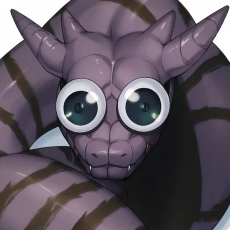 score_9, score_8_up, score_7_up, source_cartoon, cel shading, fca style, Naruto_Manda, snake, slit pupils, green eyes, purple body, body markings, black eye markings, 2 pair of horns, black belly scales,
googly eyes