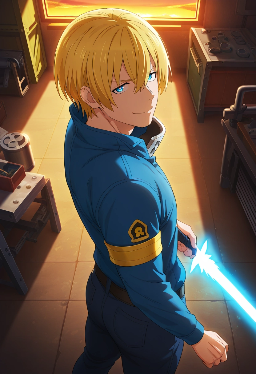 masterpiece, best quality, , semi-realistic, looking at viewer, 1boy, solo, male focus, <lora:arthur_boyle_ilxl:0.94>, arthur_boyle, blonde hair, blue eyes, short hair, hair between eyes, , holding sword, energy sword, from above, workshop, dusk, twisted torso, giggling, , caps
