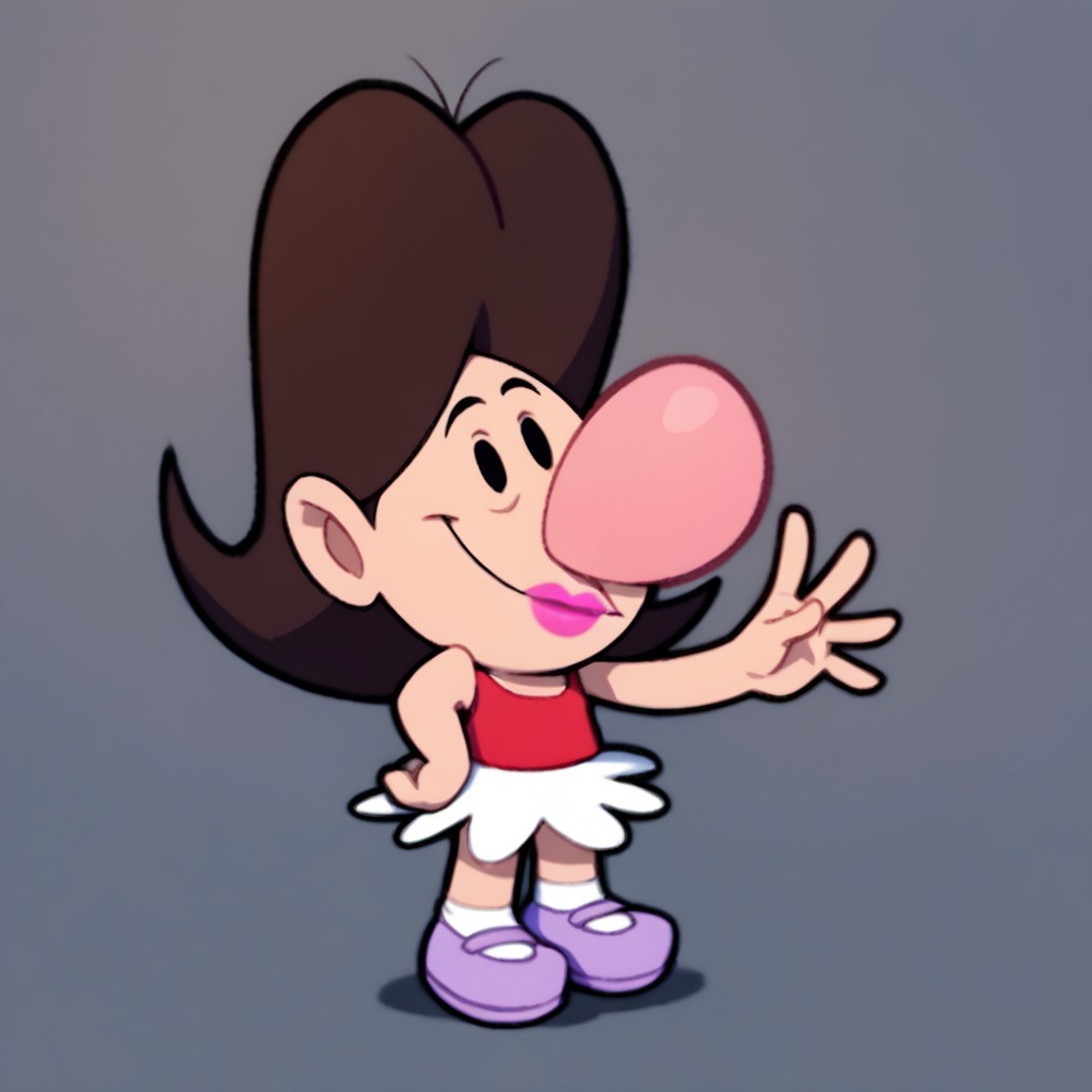 score_9, score_8_up, score_7_up BREAK BlandyGrim, 1girl, brown hair, black eyes, big pink nose, fuchsia lipstick, red tank top, white skirt, socks, light purple mary jane shoes, full body, smiling at viewer,