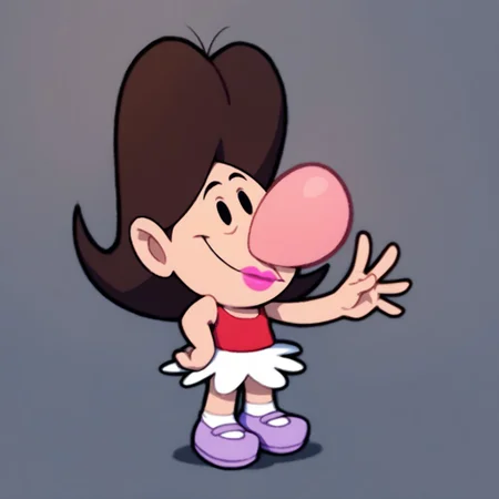 score_9, score_8_up, score_7_up BREAK BlandyGrim, 1girl, brown hair, black eyes, big pink nose, fuchsia lipstick, red tank top, white skirt, socks, light purple mary jane shoes, full body, smiling at viewer,