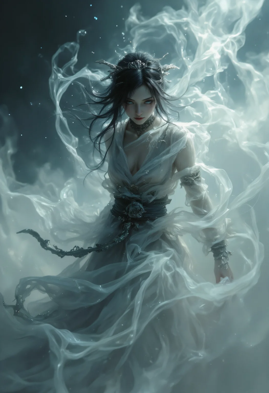 a dipiction of a female ronin, (disintegrating and dissolving into fog and smoke:1.7), (blending form with reality:1.7). Framed in thick volumetric fog. diffused light, delicatly, whispering, eye catching masterpiece artwork. drifting fog, cracked light and scattering smoke in a dreamlike reality