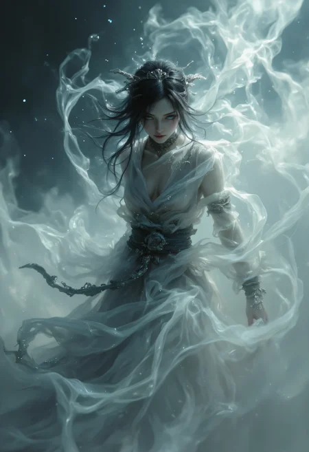 a dipiction of a female ronin, (disintegrating and dissolving into fog and smoke:1.7), (blending form with reality:1.7). Framed in thick volumetric fog. diffused light, delicatly, whispering, eye catching masterpiece artwork. drifting fog, cracked light and scattering smoke in a dreamlike reality