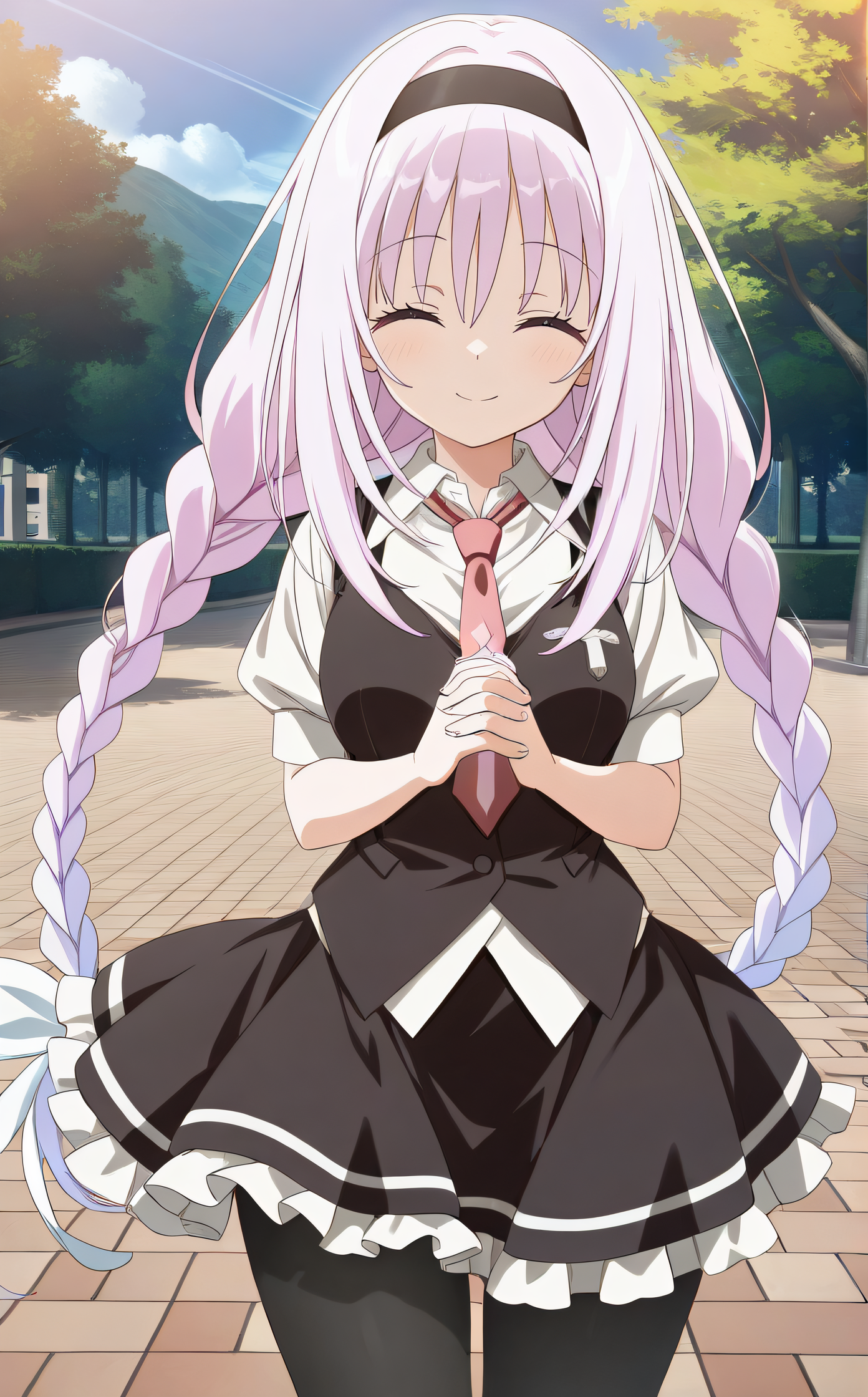 masterpiece, best quality, highres, scenery, newest, 1girl, solo, official style, <lora:Hikawa_Rina:1>, rina, twin braids, hairband, school uniform, white shirt, short sleeves, necktie, black frilled dress, black pantyhose, looking at viewer, smile, outdoor, cowboy shot, five fingers, interlocked fingers, detailed hands, closed eyes