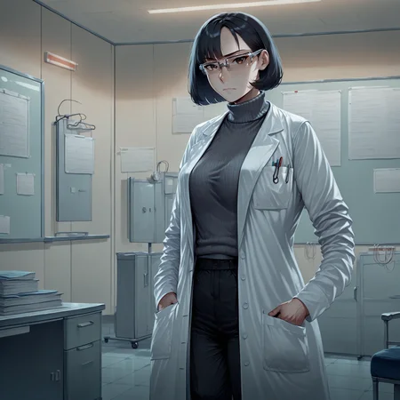 highres, hi res, best quality, masterpiece, intricate details, absurdres, 4k, semi realistic, very aesthetic, great lighting, detailed face, very aesthetic, great lighting, eft_char, 1girl, solo, black hair, bob cut, medium breasts,  brown eyes, rectangular eyewear, metal eyewear, doctor, lab coat, grey sweater, black pants, serious, standing, hands in pockets, cowboy shot, looking at viewer, hospital, <lora:TarkovArtsStyle:1>
