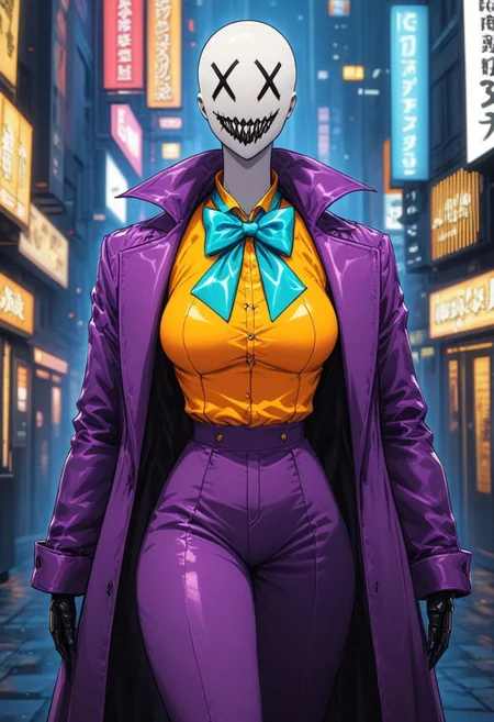 score_9, score_8_up, score_7_up, source_comic, hyper detailed, extreme , high quality v3, (ultra-HD details),ZipFile Comi Style
Comic illustration, A bald, faceless female XDDFace mannequin with x-eyes and creepy smile, She is dressed in a classic 80’s Joker costume: a vivid purple suit with sharp lapels, ((a bright orange shirt)) and ((an oversized turquoise bow tie)). The outfit is tailored to her sleek,
- Set in Gotham City at night, with towering skyscrapers and iconic Gothic architecture.
- Neon signs, streetlights, and the Bat-Signal in the cloudy sky add drama to the scene.
- Wet streets glisten with reflections of city lights, creating a cinematic noir atmosphere.
- Dim, moody lighting dominated by blues, purples, and yellows from the city’s neon glow.
- Shadows and highlights emphasize the mannequin’s sleek form and robotic details.
- A faint mist swirls around the streets, enhancing the urban grittiness.
A surreal fusion of retro villainy and futuristic elegance, capturing Gotham’s chaotic and enigmatic energy.