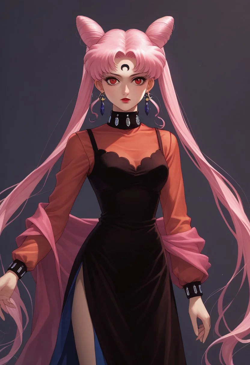 score_9,score_8_up,score_7_up, (90s anime style:2.0), masterpiece, best quality, 1girl, black lady, 1girl, solo, long hair, red eyes, dress, twintails, jewelry, very long hair, pink hair, earrings, hair bun, see-through, double bun, makeup, facial mark, lipstick, crescent, side slit, aged up, forehead mark, cone hair bun, crescent facial mark, crystal earrings