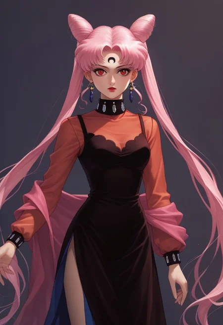 score_9,score_8_up,score_7_up, (90s anime style:2.0), masterpiece, best quality, 1girl, black lady, 1girl, solo, long hair, red eyes, dress, twintails, jewelry, very long hair, pink hair, earrings, hair bun, see-through, double bun, makeup, facial mark, lipstick, crescent, side slit, aged up, forehead mark, cone hair bun, crescent facial mark, crystal earrings