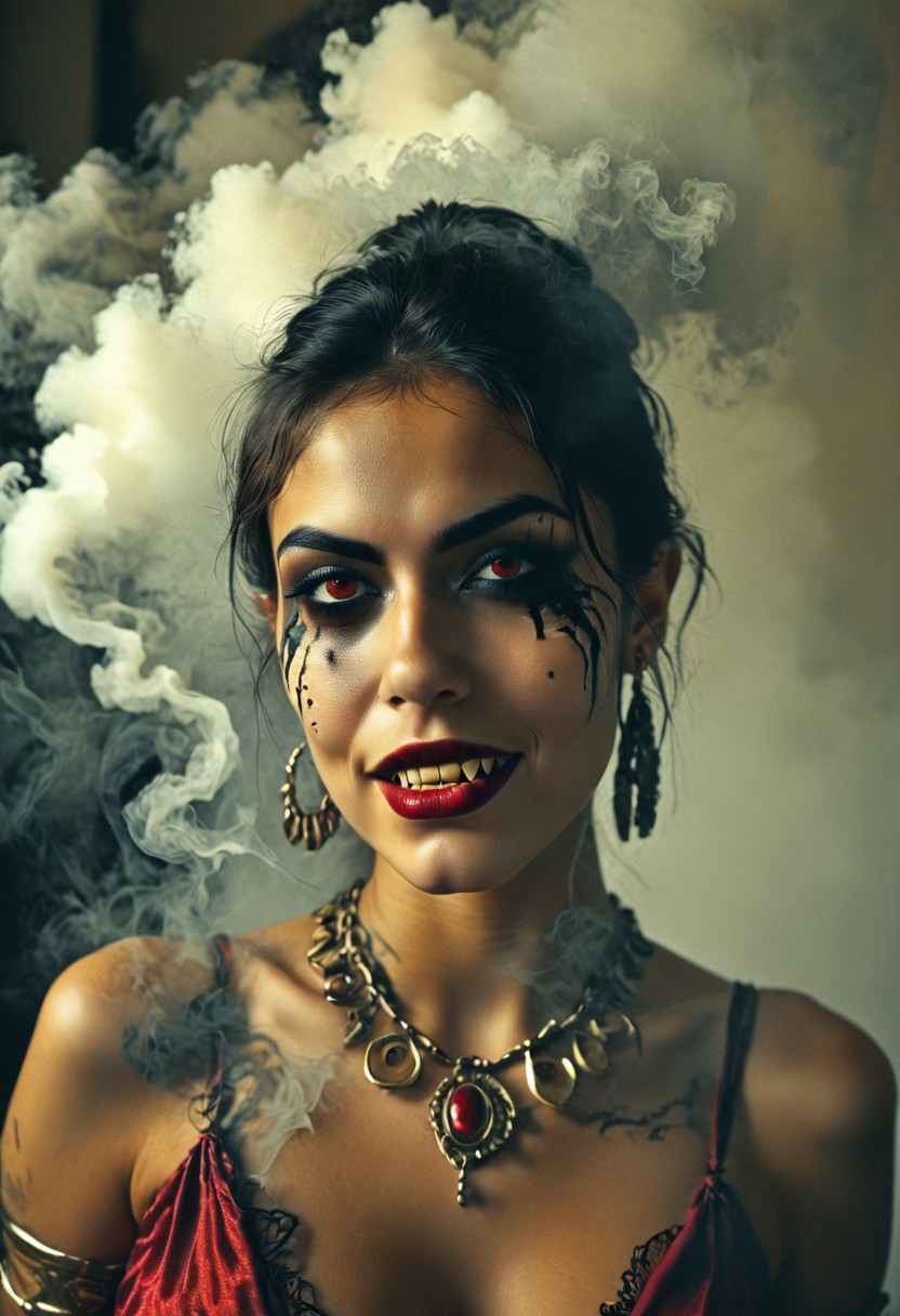 score_9, score_8_up, source_real, realistic, (realistic lighting), (photo), (photorealistic), young woman, beautiful Latina vampire bellydancer, snake on her shoulders, smoke, dark makeup, fangs, voluptuous Mexican female, alluring, seductive