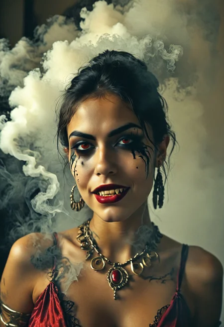 score_9, score_8_up, source_real, realistic, (realistic lighting), (photo), (photorealistic), young woman, beautiful Latina vampire bellydancer, snake on her shoulders, smoke, dark makeup, fangs, voluptuous Mexican female, alluring, seductive