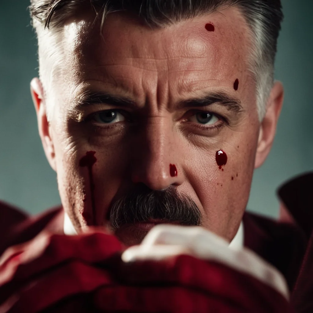 cinematic film still of <lora:J. Jonah Jameson:1>
J. Jonah Jameson a man with blood on his face and hands, shallow depth of field, vignette, highly detailed, high budget, bokeh, cinemascope, moody, epic, gorgeous, film grain, grainy