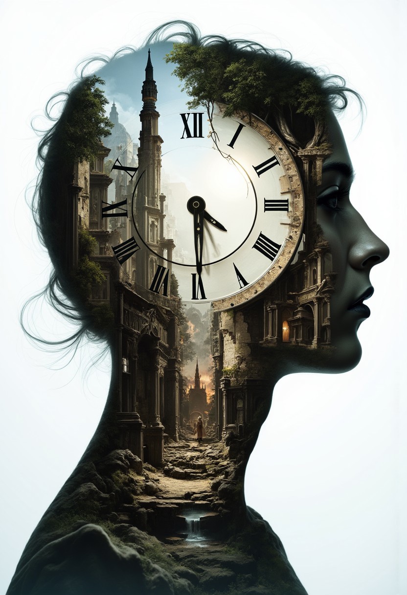 Jeddblexpsre,double exposure, An old-fashioned clock overlaid inside the silhouette of a person's head, while the background shows an ancient cityscape in ruins, blending historical time and human consciousness