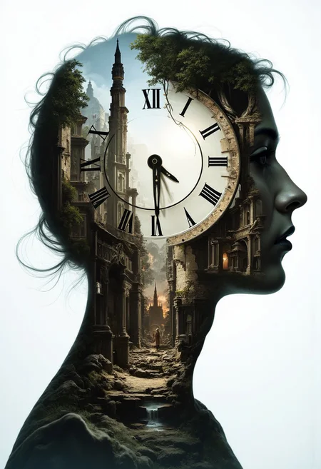 Jeddblexpsre,double exposure, An old-fashioned clock overlaid inside the silhouette of a person's head, while the background shows an ancient cityscape in ruins, blending historical time and human consciousness
