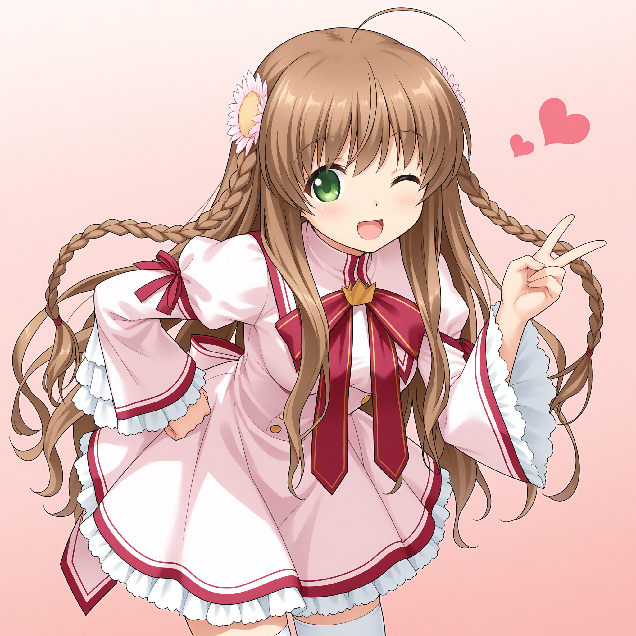 <lora:Kanbe_Kotori_1_nai-000034:1>,
Kanbe Kotori,twin braids,hair flower,
school uniform,red ribbon,pink dress,red bowtie,juliet sleeves,puffy long sleeves,frilled sleeves,wide sleeves,crown ornament,frilled dress,white thighhighs,
1girl,solo,smile,hand on own hip,leaning forward,front view,looking at viewer,open mouth,v,one eye closed,heart,pink background,gradient background,