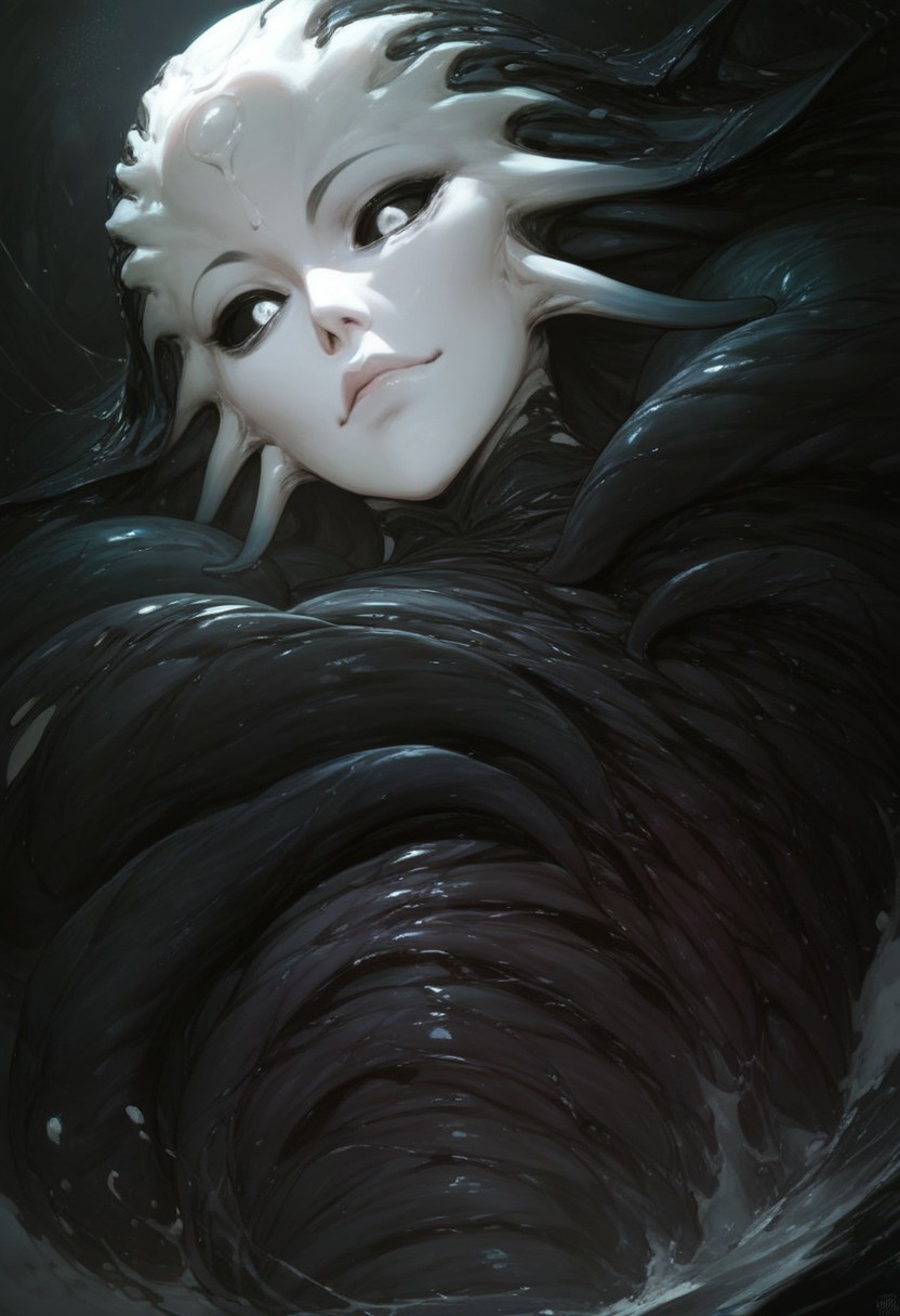 zPDXL2, score_9, score_8_up, score_7_up,  alien monster girl, beautiful face, tentacle hands:1.1, (inside a cave), multiple eyes, ((close up:2.2)), focus on face, large jellyfish head shape, multiple eyes on head, black body color, long octopus hair:1.2,  tendrils wrapped around breasts, black body, extremely detailed, skin texture, glistening body, small breasts, red scales on body, dripping wet body, oiled, long sleeves, white face, (big ass:0.4), black sclera, (shining white eyes), emerging from water, monster body, black sclera, glossy eyes, arching back, seductive smirk, wicked smile, Expressiveh, from side, from below