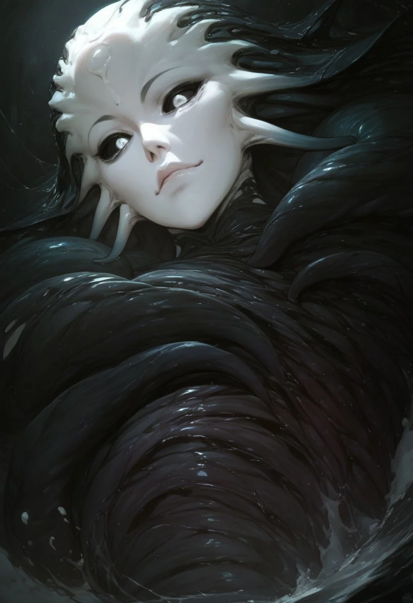 zPDXL2, score_9, score_8_up, score_7_up, alien monster girl, beautiful face, tentacle hands:1.1, (inside a cave), multiple eyes, ((close up:2.2)), focus on face, large jellyfish head shape, multiple eyes on head, black body color, long octopus hair:1.2, tendrils wrapped around breasts, black body, extremely detailed, skin texture, glistening body, small breasts, red scales on body, dripping wet body, oiled, long sleeves, white face, (big ass:0.4), black sclera, (shining white eyes), emerging from water, monster body, black sclera, glossy eyes, arching back, seductive smirk, wicked smile, Expressiveh, from side, from below