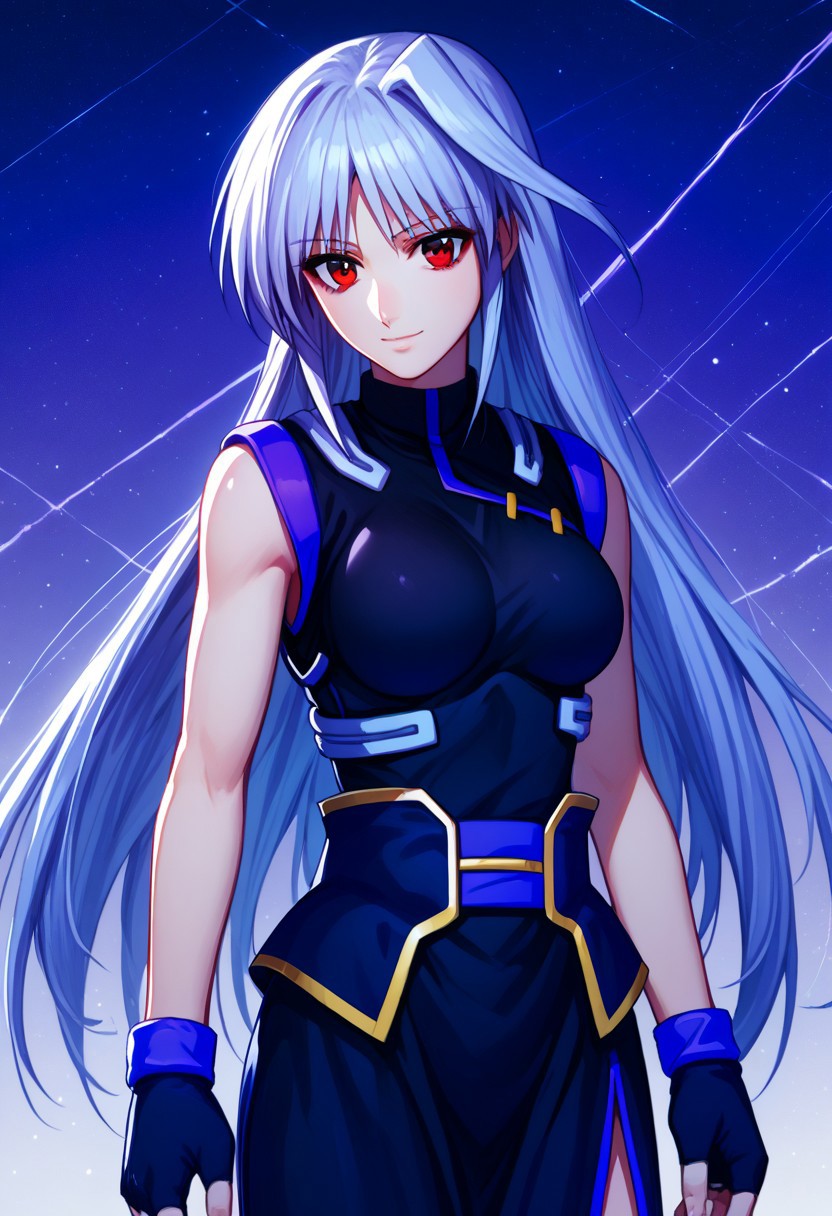 score_9, score_8_up, score_7_up, source_anime, 1girl, solo, Reinforce, long hair, white hair, single hair intake, red eye, long dress, black dress with purple trim, side slit, black gloves with purple trim, fingerless gloves, black corset with gold trim, sleeveless dress, bare shoulders, standing, smiling