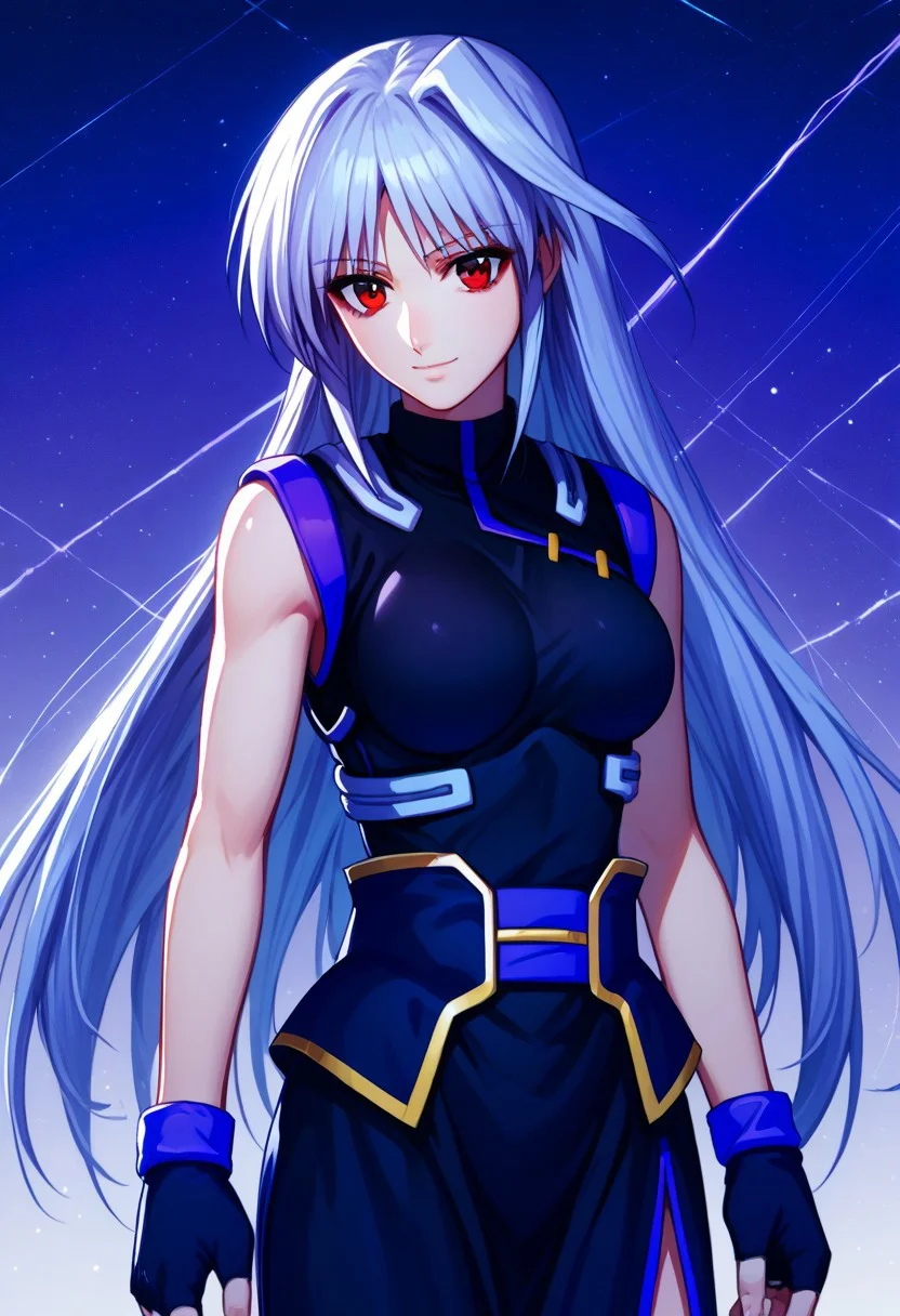 score_9, score_8_up, score_7_up, source_anime, 1girl, solo, Reinforce, long hair, white hair, single hair intake, red eye, long dress, black dress with purple trim, side slit, black gloves with purple trim, fingerless gloves, black corset with gold trim, sleeveless dress, bare shoulders, standing, smiling
