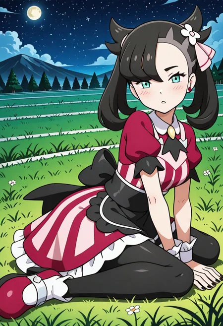 2d, masterpiece, best quality, amazing quality, highres, absurdres, newest, 1girl, solo, sitting, on ground, from side, meadow, night, starry sky, moon, colorful, nature, landscape, medium breasts, mature female, palmarnie, marnie \(pokemon\), green eyes, black hair, asymmetrical bangs, medium hair, twintails, single earring, black nails, hair ribbon, pink ribbon, hair flower, white flower, collared dress, striped dress, red dress, pink dress, multicolored dress, puffy short sleeves, black ascot, wrist cuffs, waist apron, black apron, black pantyhose, shoes, red footwear, footwear bow