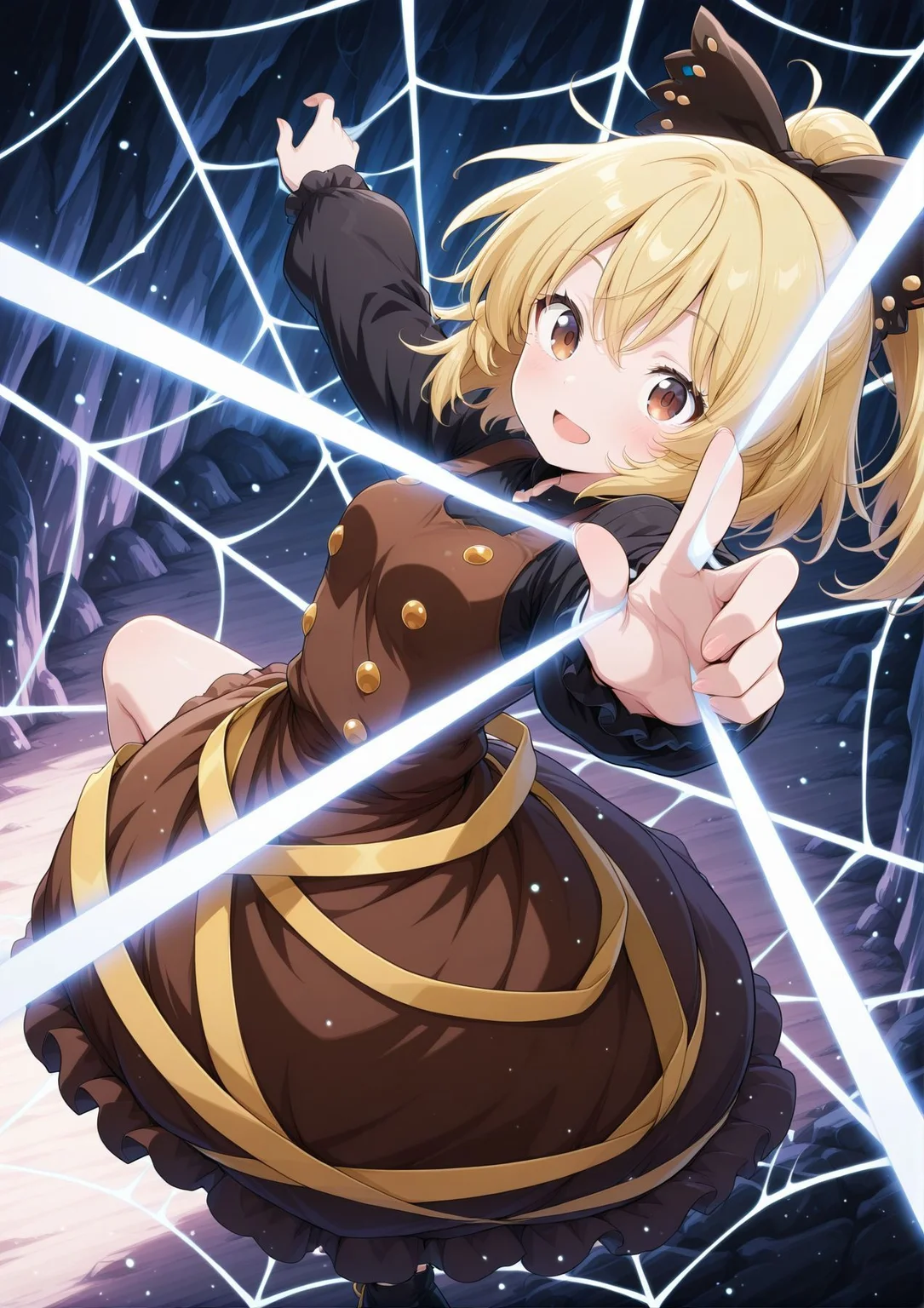 absurdres, highres, masterpiece, best quality, amazing quality, official anime artwork, screencap, anime screencap,
<lora:Yamame-Kurodani_Illustrious:1> kurodani yamame, 1girl, solo, brown eyes, blonde hair, long hair, ponytail, small breasts,, hair bow, black bow, brown dress, black sleeves, long sleeves, puffy dress,
open mouth, silk, cave, night, from above,