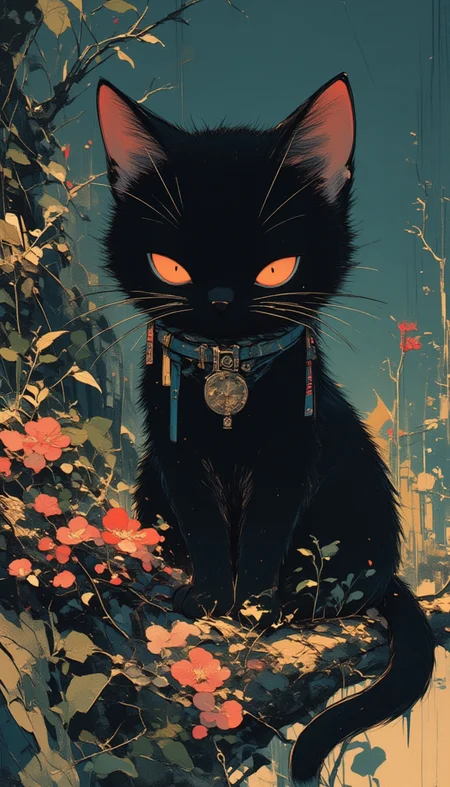 dark kawaii cat with salmon, ,lyh_niji