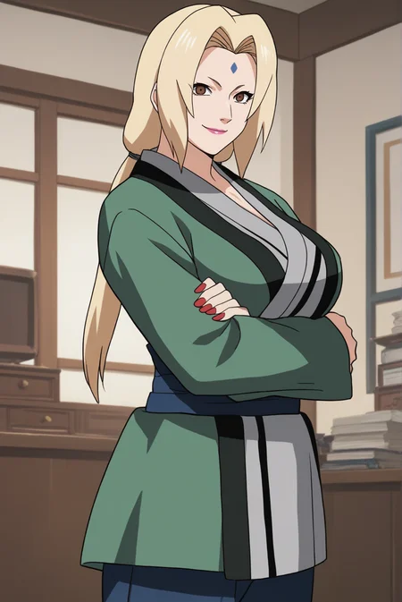 score_9, score_8_up, score_7_up, score_6_up, score_5_up, score_4_up, BREAK source_anime, 1girl, solo,
<lora:TsunadeXL-v2-04:0.8>, ChopioTsunade, blonde hair, long hair, low twintails, hair tie, brown eyes, forehead mark, pink lipstick, looking at viewer,
mature female, large breasts, red nails,
outfit_1, green jacket, long sleeves, grey kimono, blue obi, blue pants,
living room, standing, smile, arms under breasts,