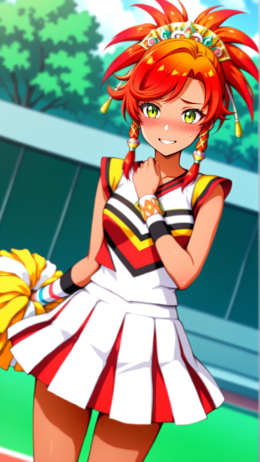 source_anime, general, best quality, masterpiece, 1girl,  <lora:Ogniana_ill_v1.0:1> ogniana,dark skin, red hair,headdress, hair ornament, cheerleader, dynamic pose, dutch angle, embarrassed, (happy:0.8),  cowboy shot,