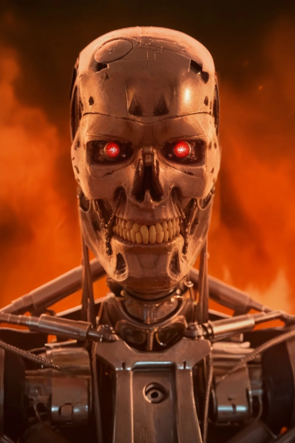T800_Endo, Terminator robot, score_9, score_8_up, score_7_up, (source_IRL, source_movie), cinematic, realistic, masterpiece, high quality, highres RAW photo, ((close-up shot, close-up head shot, front view))
((an UpgradedT800_Endo Terminator Robot)) with red eyes, he is made of metal, he is made of shiny chrome metal, new, clean, <lora:T800_Endo_Terminator_Pony_v1-000019:1>
(standing in flames)
black background, in flames, fire, flames and fire everywhere, there is so much fire
dynamic lighting, highly detailed, intricate details