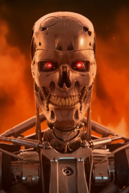 T800_Endo, Terminator robot, score_9, score_8_up, score_7_up, (source_IRL, source_movie), cinematic, realistic, masterpiece, high quality, highres RAW photo, ((close-up shot, close-up head shot, front view))
((an UpgradedT800_Endo Terminator Robot)) with red eyes, he is made of metal, he is made of shiny chrome metal, new, clean, <lora:T800_Endo_Terminator_Pony_v1-000019:1>
(standing in flames)
black background, in flames, fire, flames and fire everywhere, there is so much fire
dynamic lighting, highly detailed, intricate details