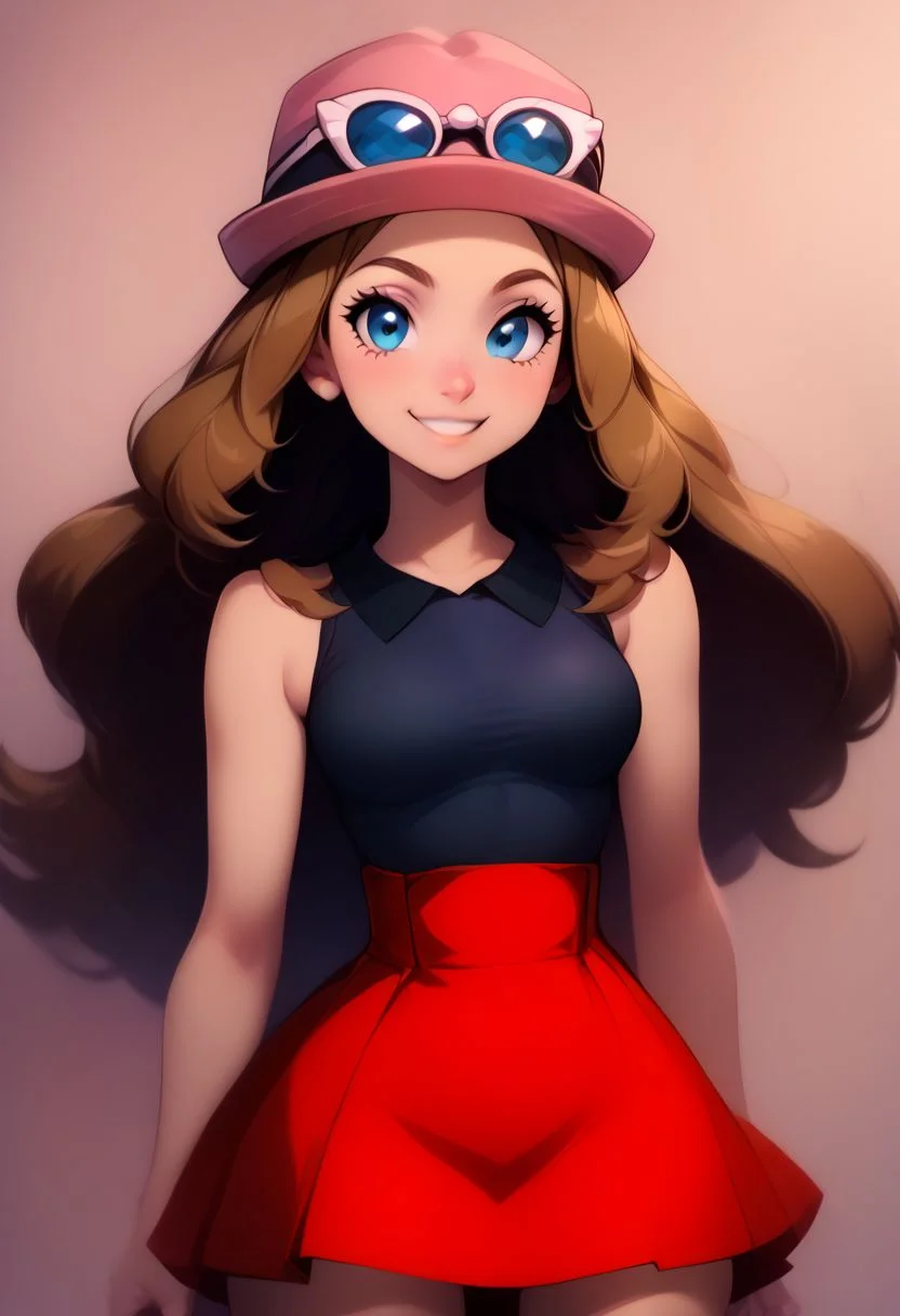 score_9, score_8_up, score_7_up, pretty girl, vivid bright colors, highly sexual poses, pinup art, solo,
BREAK,
serena, long hair, blue eyes, brown hair, eyewear on head, hat, skirt, sunglasses, shirt, black shirt, sleeveless, red skirt, pink hat,
BREAK,
wide hips, narrow waist,
BREAK,
solo, smile, looking at viewer, cowboy shot, zPDXL