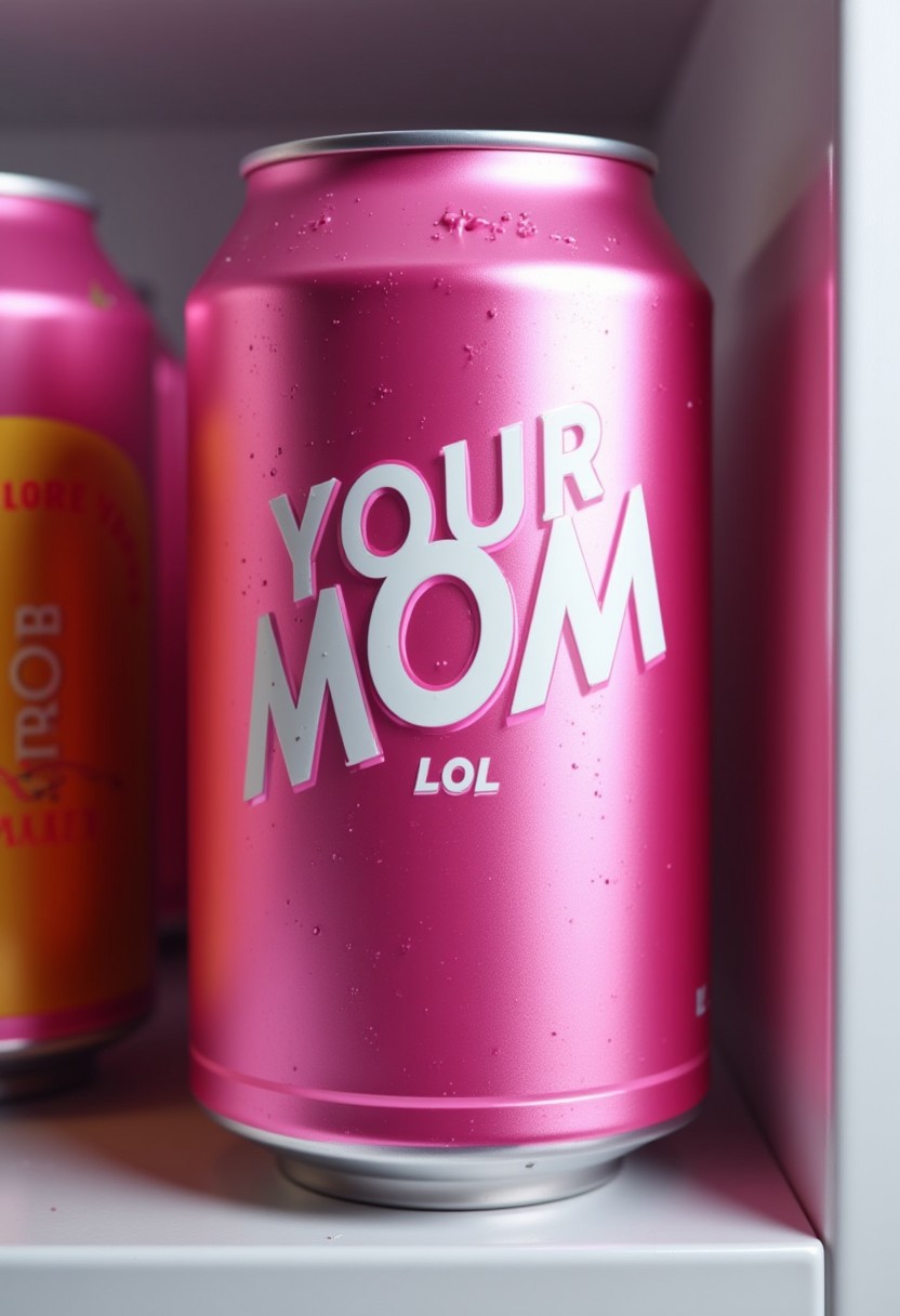 The image is a high-quality digital artwork showcasing a can of beer, rendered in a highly detailed, realistic style. The can is predominantly metallic pink, with a glossy finish that captures reflections and highlights, giving it a shiny appearance. The prominent label on the can features the word "YOUR MOM" in bold, white capital letters, with "LOL" in smaller text beneath it. The can is sitting in a kitchen fridge.