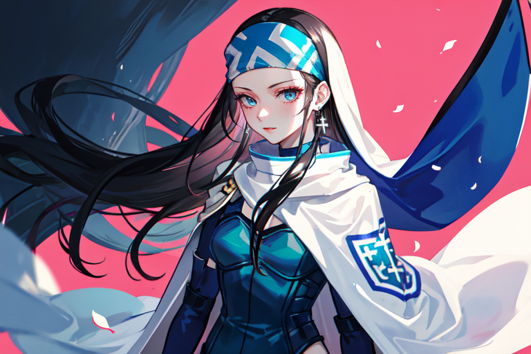 highly insanely detailed, masterpiece, top quality, best quality, highres, 4k, 8k, RAW photo, (very aesthetic, beautiful and aesthetic),  
beth_\(megami_tensei\),bethsmtii,shin megami tensei ii,long hair,black hair,straight hair,sleek black,jewelry,cross,headband,red_lipstick,bandana_with_messian_symbol,Religious_bandana,symbol_headband,messian_church_bandana,white cape,cape_with_messian_symbol,Religious_cape,messian_symbol_cape,holy_knight_cape,messian_cross_earrings,cross_earrings,religious_earrings,messian_symbol_jewelry,Blue_dress,armored_corset,blue shirt,Tokyo_Millennium,post-apocalyptic_city,dystopian_world,Arcadia,Utopian_district,demon-free_zone,false_paradise,Great_Cataclysm,World_ending_event,apocalyptic_disaster,city_rebirt, 
<lora:zs_Beth:0.6>, 
(1girl:1.3), 1other, 
Chinese calligraphy in background,pure pink background,pure blue background,(colored confetti background,neon color background),âââ
