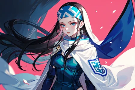 highly insanely detailed, masterpiece, top quality, best quality, highres, 4k, 8k, RAW photo, (very aesthetic, beautiful and aesthetic),
beth_\(megami_tensei\),bethsmtii,shin megami tensei ii,long hair,black hair,straight hair,sleek black,jewelry,cross,headband,red_lipstick,bandana_with_messian_symbol,Religious_bandana,symbol_headband,messian_church_bandana,white cape,cape_with_messian_symbol,Religious_cape,messian_symbol_cape,holy_knight_cape,messian_cross_earrings,cross_earrings,religious_earrings,messian_symbol_jewelry,Blue_dress,armored_corset,blue shirt,Tokyo_Millennium,post-apocalyptic_city,dystopian_world,Arcadia,Utopian_district,demon-free_zone,false_paradise,Great_Cataclysm,World_ending_event,apocalyptic_disaster,city_rebirt,
<lora:zs_Beth:0.6>,
(1girl:1.3), 1other,
Chinese calligraphy in background,pure pink background,pure blue background,(colored confetti background,neon color background),âââ