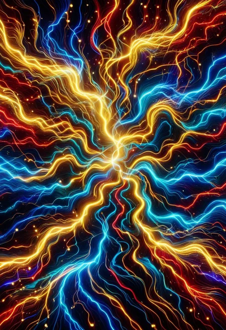 high quality, high resolution, extremely detailed, lthndrtrl, no humans, circuit board made of golden and blue and red and yellow and purple lightning thunder trails, dynamic lighting, simple background, black background