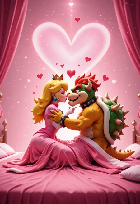 <lora:KFT_Romance_Style_Illustrious:1.2> kftlove, absurdres, highly-detailed, best quality, masterpiece, realism, very aesthetic, 1boy, Bowser (Super Mario), 1girl, Princess Peach (Super Mario), kissing, bed, hugging, under covers, heart