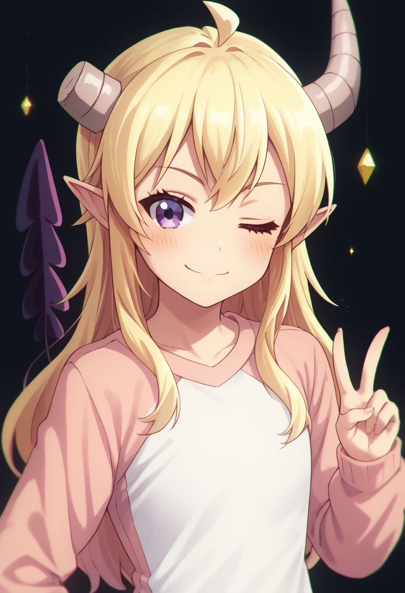 score_9, score_8_up, score_7_up, source_anime, highly detailed, 
lilith, 1girl, horns, v over eye, tail, demon tail, one eye closed, long hair, solo, raglan sleeves, demon horns, demon girl, blonde hair, ahoge, pointy ears, smile, blush,
v, purple eyes, parody, looking at viewer, broken horn, upper body,
black background, stars,