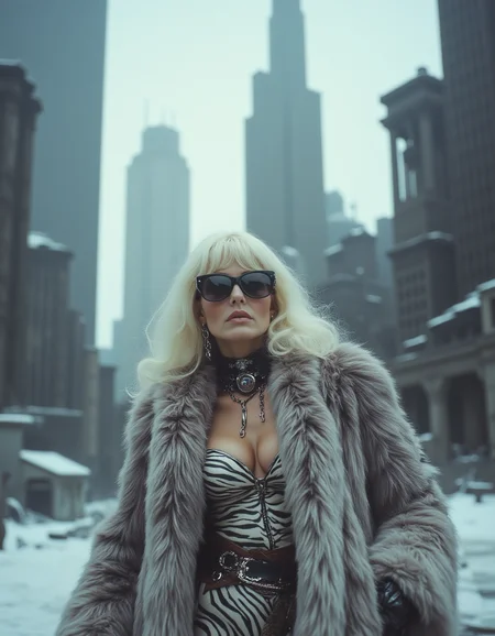 Cinematic scene of a dystopian cityscape with skyscrapers, industrial vibes, cloudy sky, snow on the ground, low angle, women in her 70s, white hair, wearing extravagant zebra outfit and fur jacket, sunglasses, heavy clothing, clothing ,
luxurious and art deco while yet dystopian.
<lora:80s_Fantasy_Movie:1> ArsMovieStill, 80s Fantasy Movie Still
