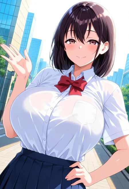 general,highres, ultra-detailed,very aesthetic,best quality ,best hands,best eyes,easynegative,
dynamic anglre, dutch angle, anime cloring,
1girl solo,looking at viewer,city,outdoors,smile,hand on hip,
Kasumi Haruno,black_hair, short_hair, brown_eyes, huge_breasts,school uniform,