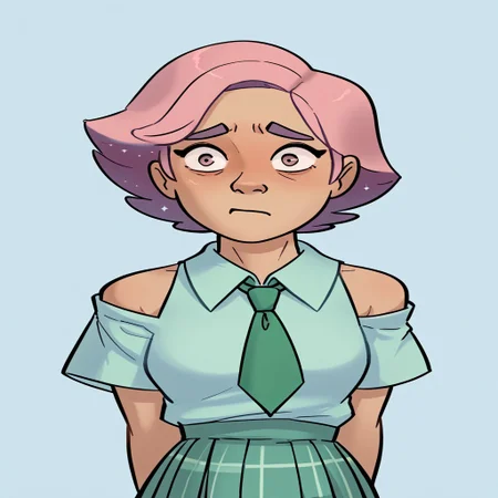 score_9, score_8_up, score_7_up, relatedguy, bust shot, solo, bare shoulders, CHGlimmer, simple background, one colour background, light blue background, Guilty, Downcast eyes, slumped shoulders, and a slightly ashamed expression, School Uniform, Green Tie, Green Collar Shirt, Skirt, Pleated Skirt, Short Sleeves, Long Socks,