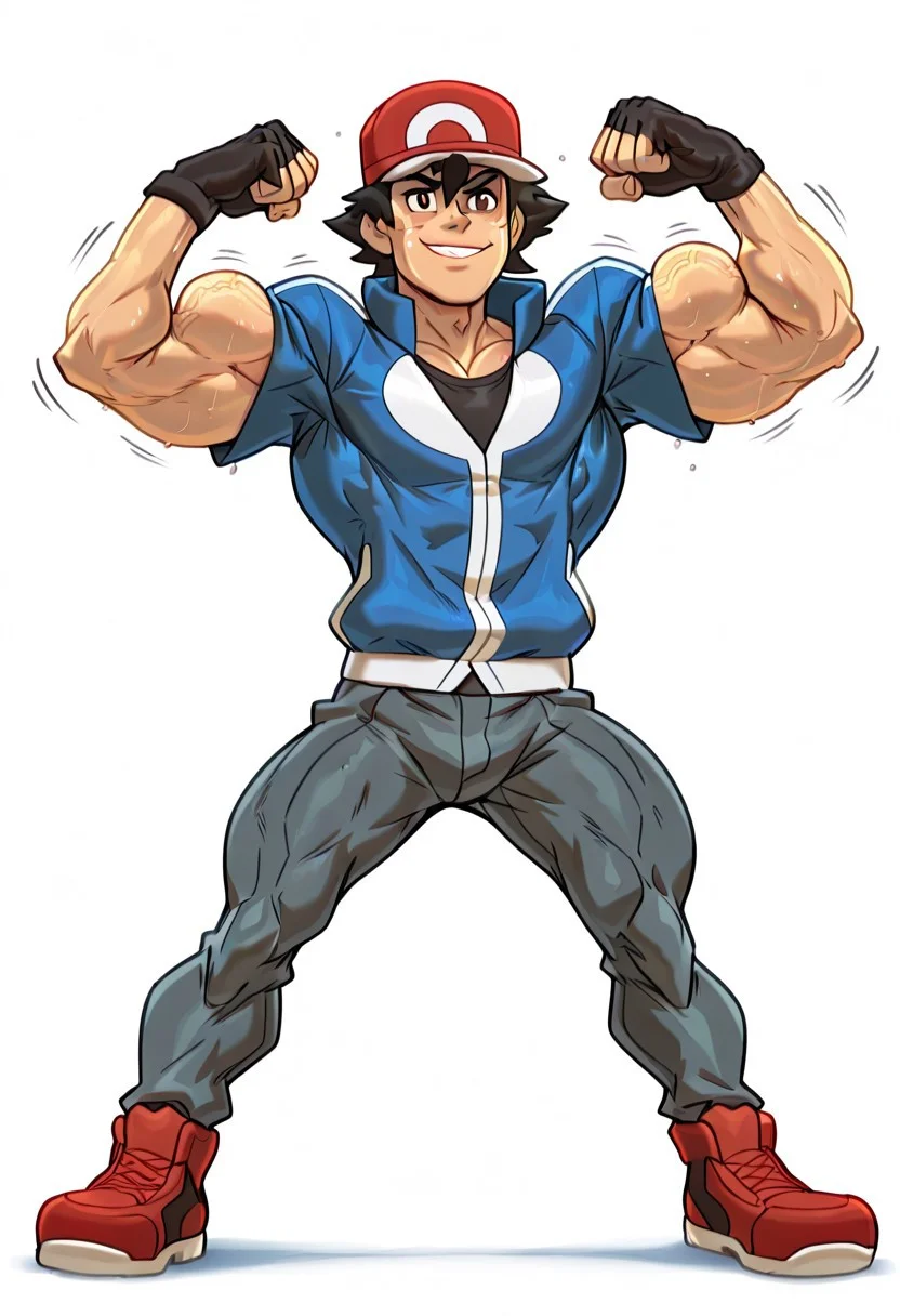 embracing, smile,flexing,(((hyper muscle))),motion lines, sweat, glistening skin, solo,ashxyz,1boy, male focus, solo, brown eyes, black hair, bangs, hat, baseball cap, red headwear,shirt, black shirt, jacket, blue jacket, short sleeves, gloves, black gloves, fingerless gloves, pants, grey pants, shoes, red footwear