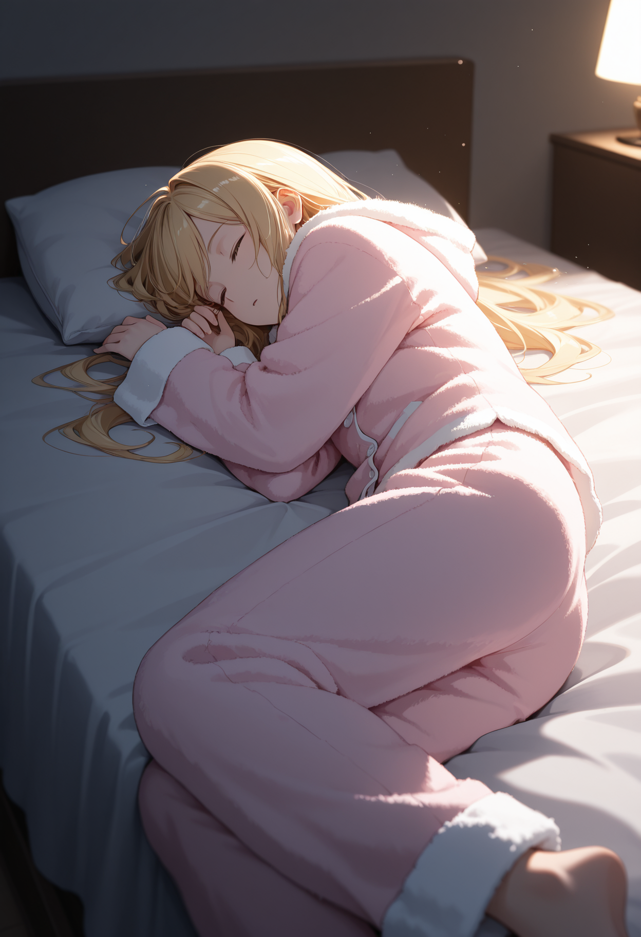 masterpiece, best quality, high quality,
1girl, blonde hair, long hair, lying, bed,
fur pajamas, dim lighting, sleeping, 
<lora:real_fur_v0.4-illu10:1>