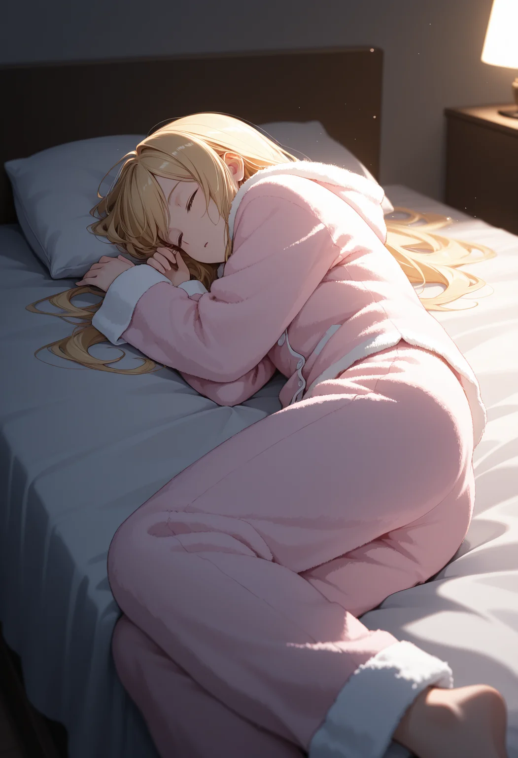 masterpiece, best quality, high quality,
1girl, blonde hair, long hair, lying, bed,
fur pajamas, dim lighting, sleeping, 
<lora:real_fur_v0.4-illu10:1>