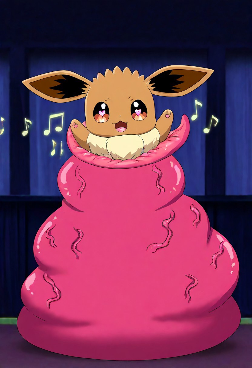 <lora:vore_lower_body-2-000005:1>, source_anime, anime coloring, stage background, vore, full body, heart eyes, veiny tentacles vore, hearts, sucked half lower body, no legs visible, arms up, eevee \(pokemon\), chibi, furry, music notes