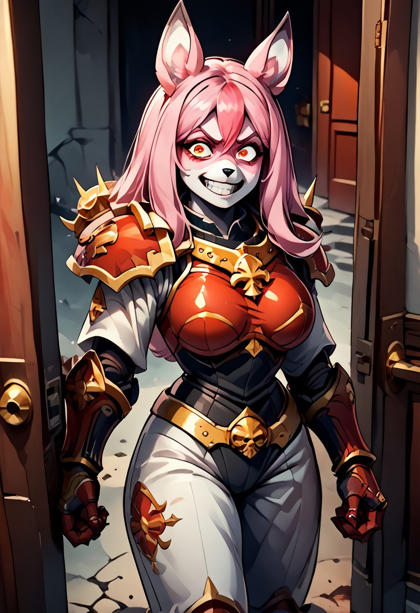 score_9, score_8_up, score_7_up, score_6_up, score_5_up, score_4_up, 1girl, solo, (anthro, furry, fox, (nazuna), pink and white fur color, two-tone fur,), pink hair, long hair, hair between eyes, red eyes, animal ears, animal tail, fluffy tail, huge breasts, animal ears, body fur, broken door, maniac look, (crazy happy grin), (possessed grin), ((possessed gaze)). Sororitas, armor, shoulder armor, pauldrons, power armor, Khorne, armor, no helmet ,  full armor, gold armor, red armor, space marine, (((clawed gauntlets))), ((((grabbing hand)))), (nazuna hand grabbing the viewer).
house, broken door, nazuna break in the door, (destroyed door), entrance hall, running towards the viewer