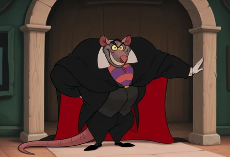 core_9, score_8_up, score_7_up, score_6_up, score_5_up, score_4_up, detailed background, detailed face, 1boy, solo, disney style, cape, sharp teeth, bara, cartoon, wide body, purple and red striped tie, pink rat nose, black jacket, blue circles around eyes, yellow whites of eyes, styled hair, professor ratigan, short legs, furry, sly smile, disney style, black pants, male, rat tail, rat, large body